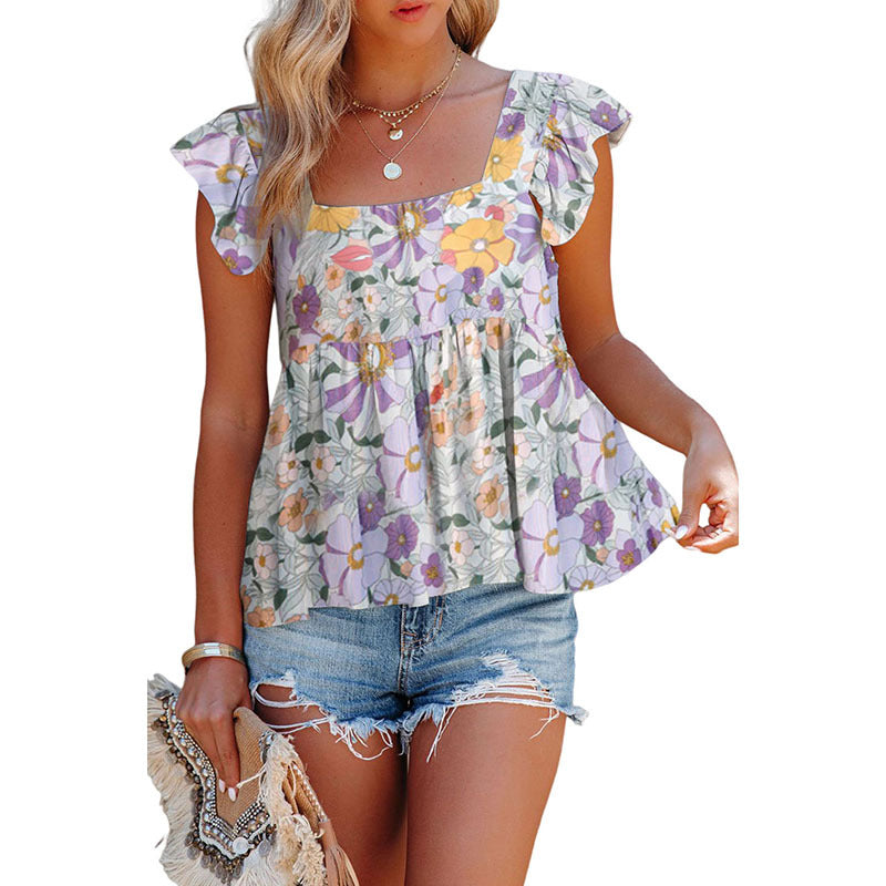 Summer Women's Sleeveless Top With Printed Square Neck Vest