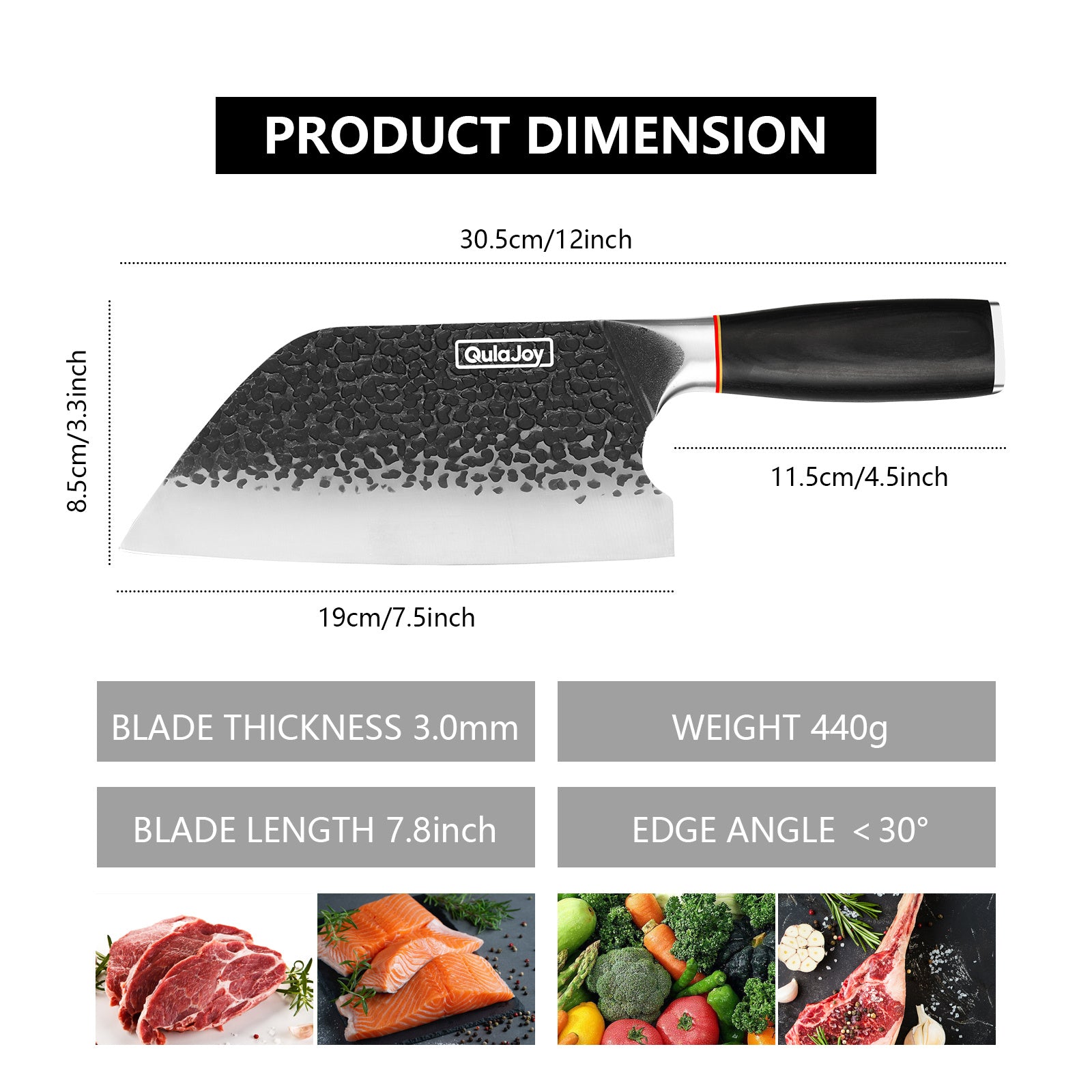 Qulajoy Meat Cleaver Knife - 7.3 Inch High Carbon Stainless Steel Butcher Knife