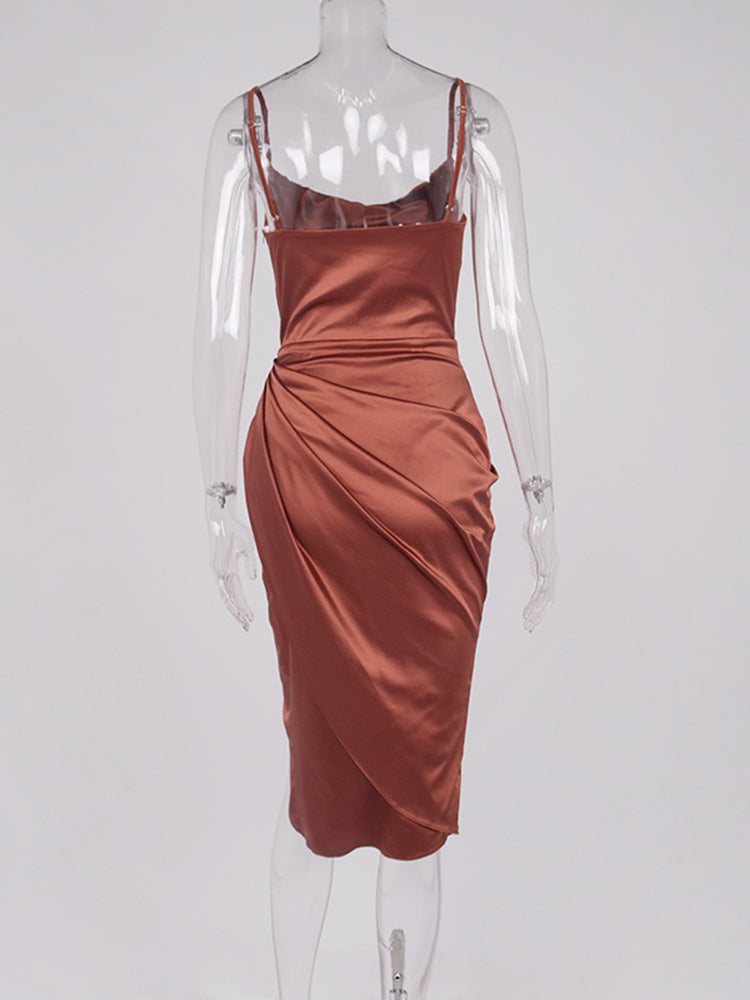 Midi Satin Dress Split Adjustable Strap