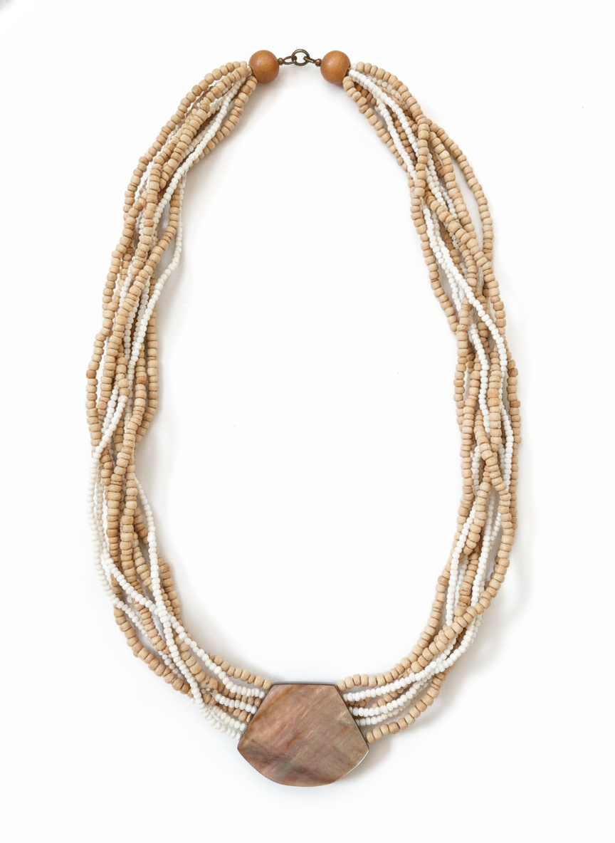 Shell Necklace with Wood and Glass Beads